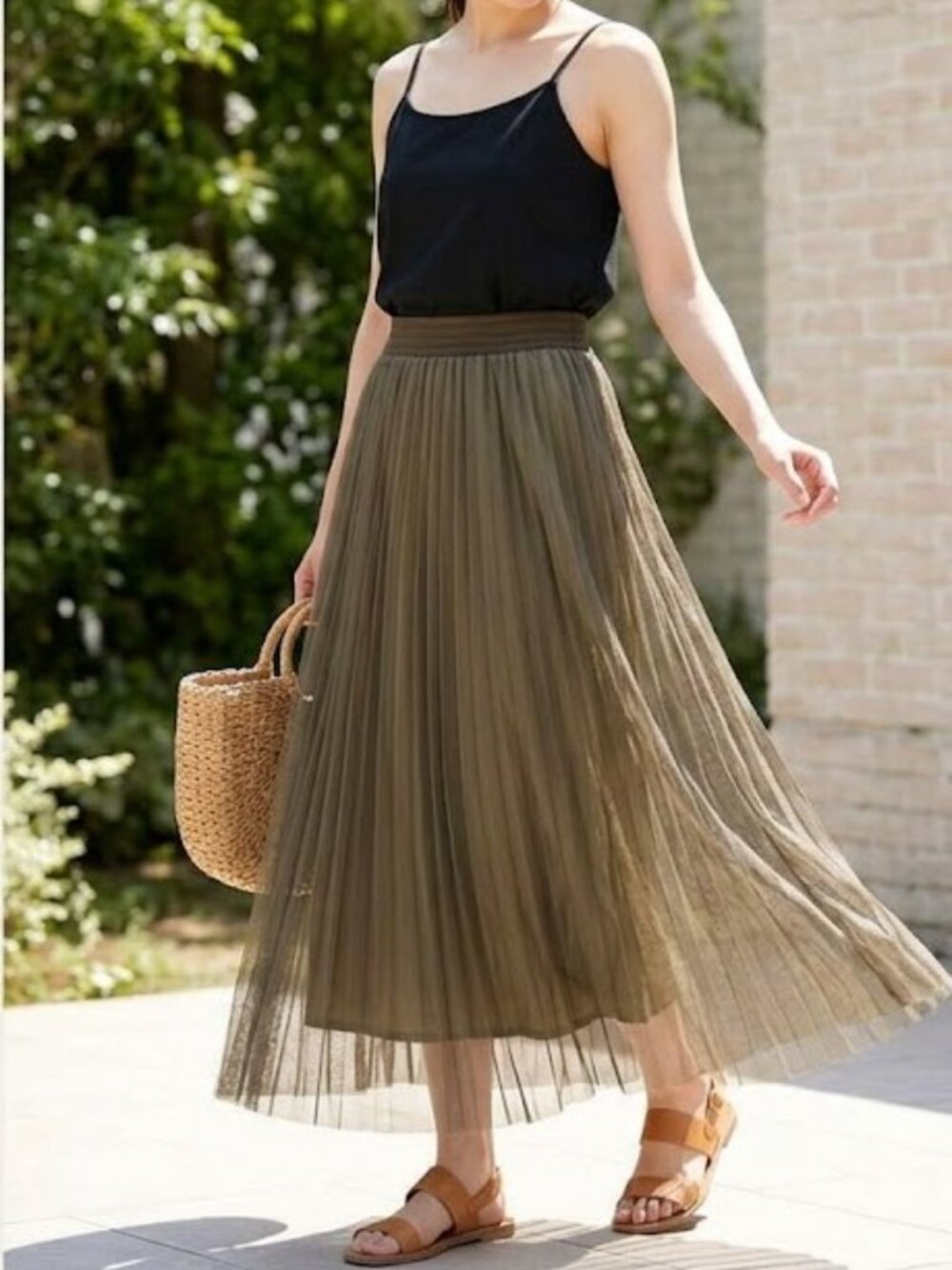 Pleated Mesh Maxi Skirt in Olive Green